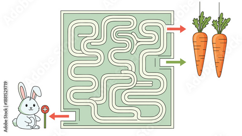 Educational maze game for children featuring a cute white rabbit trying to find the path through a green maze to get orange carrots.