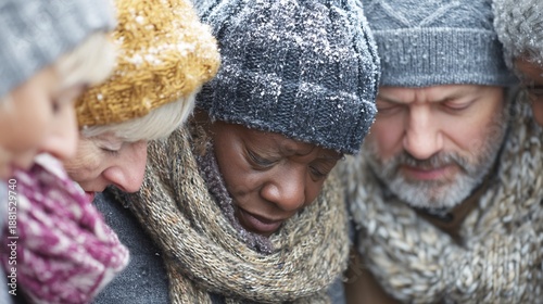 Diverse Group of People Wearing Knitted Scarves and Hats in Winter