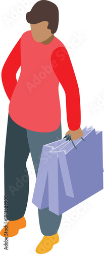 Shopper carrying purchases in isometric view, depicting retail therapy and consumerism