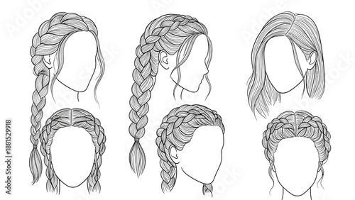 Series of delicate line art drawings showing several intricate braided hair arrangements for women from various angles and styles.