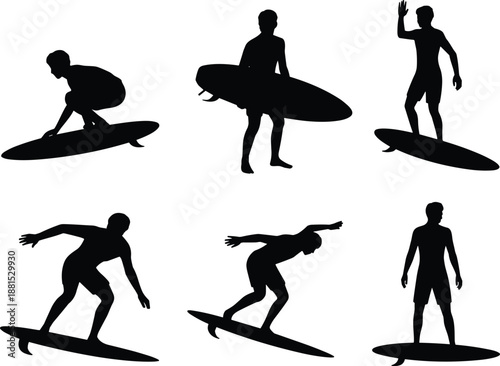 Surfer silhouette set isolated on white background surfing poses ocean sport activity black vector illustration summer beach lifestyle