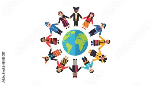 Global Unity and Diversity Illustration – Diverse People Holding Hands in Circle Around Earth Planet Vector Art