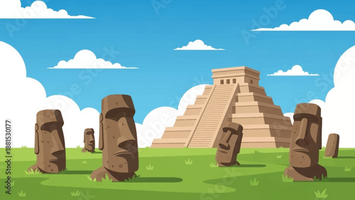 Mysterious Ancient Ruins Illustration – Mayan Pyramid with Moai Statues Under Blue Sky Vector Cartoon Art