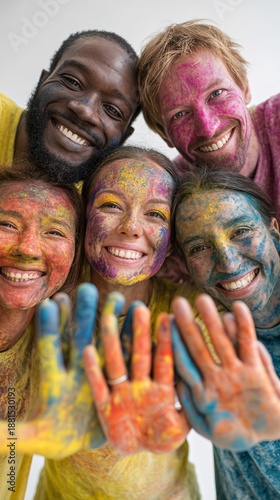Joyful group of friends celebrating Holi festival with colors