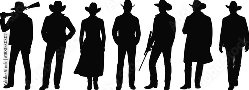 Western cowboy silhouettes standing together armed wild west outlaws gunslinger figures vintage western shadow illustration isolated white background design art