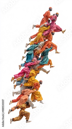 Colorful group of people in vibrant outfits jumping in sequence
