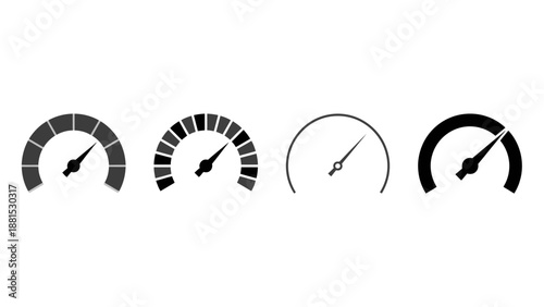 Speedometer Gauge Icon Set – Dashboard Meters with Different Levels Black Silhouette Vector Illustrations