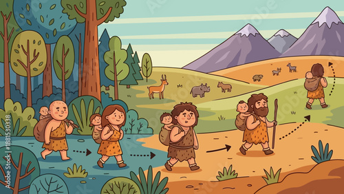 Prehistoric Human Migration Illustration – Early Hominids Walking Across Savannah Landscape with Spears Vector Art