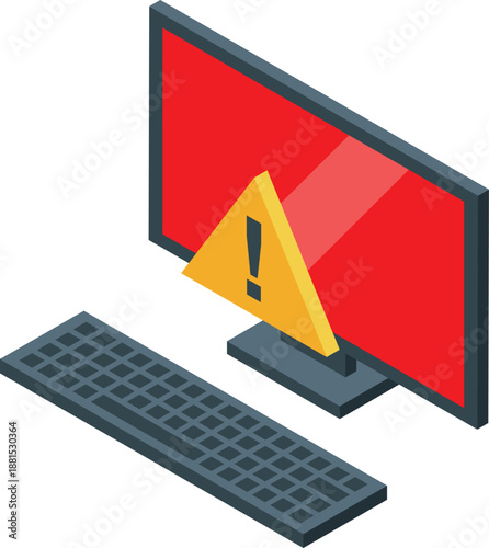 Desktop computer displaying warning alert on red screen, isometric view, emphasizing online security and system errors