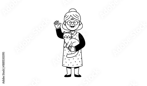 Smiling Grandmother Holding Cat and Waving Hand Flat Cartoon Vector Illustration