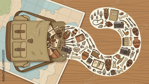 Travel Adventure Illustration – Open Backpack Spilling Souvenirs and Travel Icons on World Map Path Vector Art