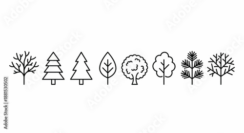 Outline Tree Silhouette Icons Set – Pine Oak Round Bushy and Branchy Trees Line Art Vector Collection