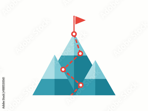 Mountain Peak Success Journey with Flag – Goal Achievement Path Illustration