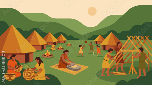 Traditional African Village Life at Sunset – Tribal Community and Huts Illustration