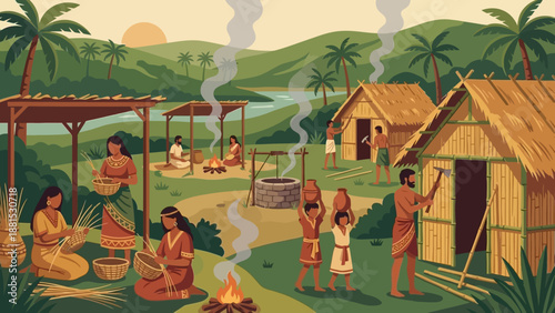 Ancient Tropical Village Settlement Scene with Thatched Huts Cooking Fire Family Life and Palm Trees Illustration Vector