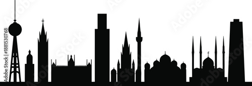 Modern city skyline silhouette vector illustration featuring famous landmarks urban architecture panorama isolated white background travel cityscape design