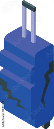 Blue wheeled suitcase presenting damage after rough handling at airport baggage claim