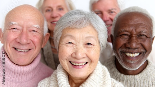 Smiling senior group displaying joy and companionship in close-up