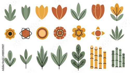 Stylized flat vector collection of botanical leaves and abstract flowers showcasing earth tone floral graphics and minimalist bamboo stems on a clean white background, illustrating the concept
