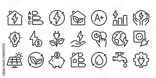 Set of vector linear icons on energy saving and environmental protection