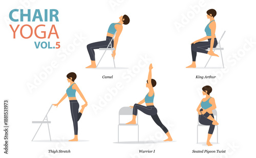5 Chair Yoga poses for office syndrome or work from home in flat design. Woman exercise for strength on office chair. Set of asana postures fitness Infographic.