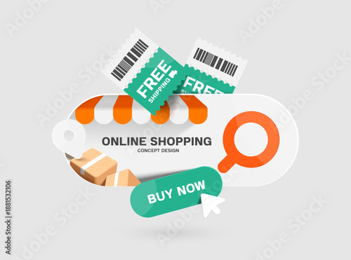 Green free shipping promotional tag or sign placed on top search tab icon, with Buy now button below it this is suitable for designing advertising banner for online shopping, e-commerce, delivery