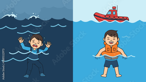 Water safety poster: on the left, a boy is drowning; on the right, he's smiling, saved by an orange life jacket. Putting on a life jacket saves a life, because it saves even in rough water.