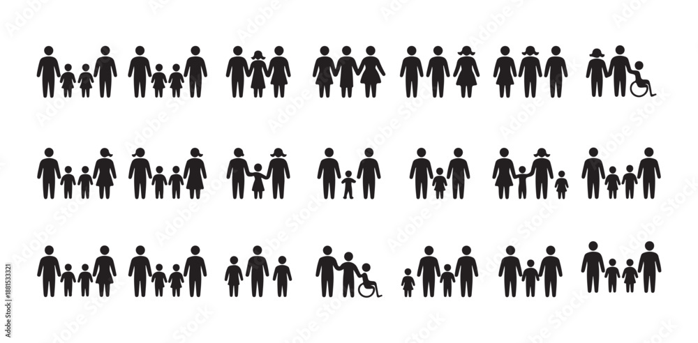 Naklejka premium Traditional and modern family structures depicted in uniform black vector stick figure graphics