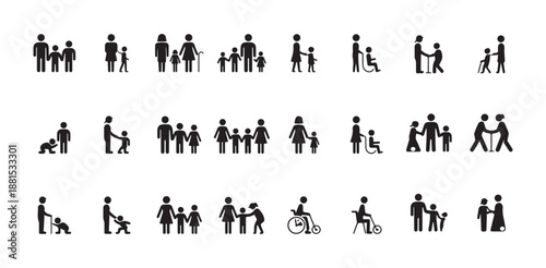 Diverse parenting situations and child development stages represented in simple silhouette icons