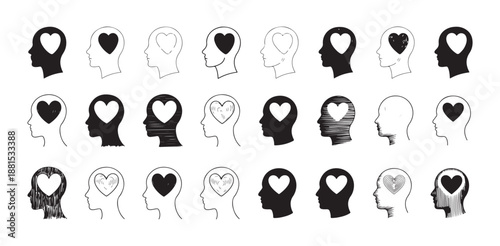 Human head with heart inside icon set. mind and emotion, love and intelligence symbol collection