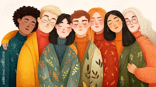 Diverse Group of Friends in Colorful Sweaters and Blankets Embracing