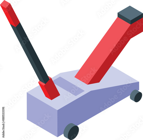 Red and gray hydraulic floor jack lifting equipment for changing car tires, isometric view