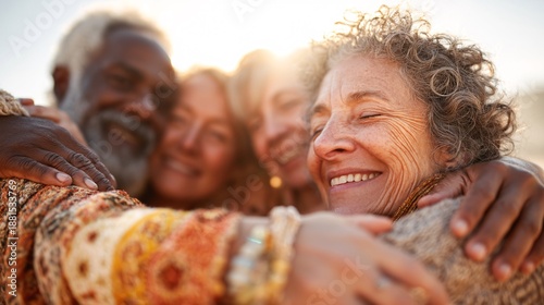 Joyful Group Embrace of Diverse Friends in Warm Sunset Glow