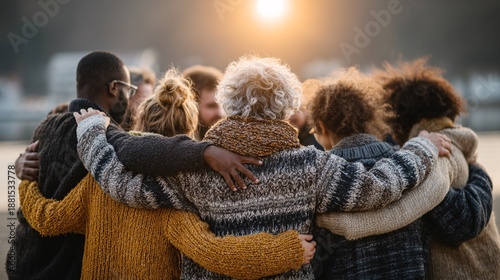 Diverse People Embracing at Sunset in Cozy Sweaters Outdoors