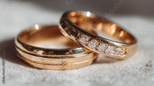 Classic Gold Wedding Rings with Diamond Accents on Soft Background