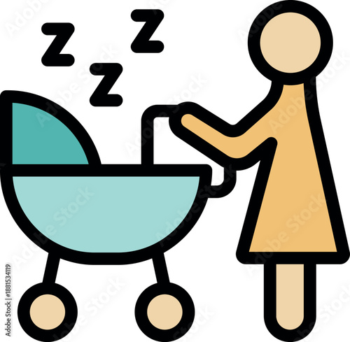 Babysitter pushing a stroller with a sleeping baby inside, childcare and motherhood concept