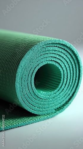 Close up view of a rolled green yoga mat with textured surface