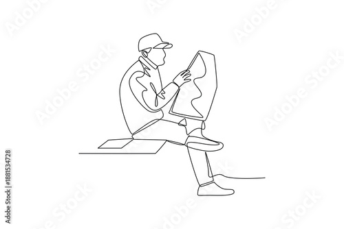 Reading Newspaper During Break. Real life story telling Concept. Single line draw design. Vector graphic illustration