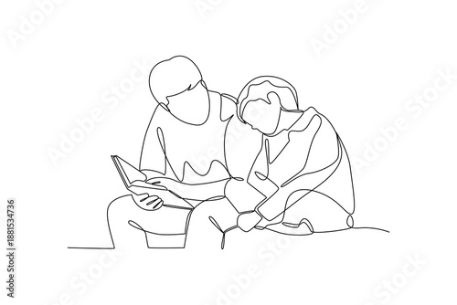 share story books with children. Real life story telling Concept. Single line draw design. Vector graphic illustration