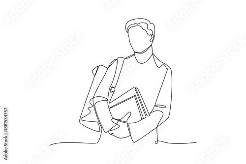 Student Carrying Study Books. Real life story telling Concept. Single line draw design. Vector graphic illustration
