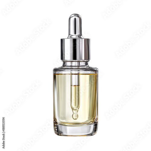 A glass bottle of yellow liquid serum with a silver dropper lid on a black background