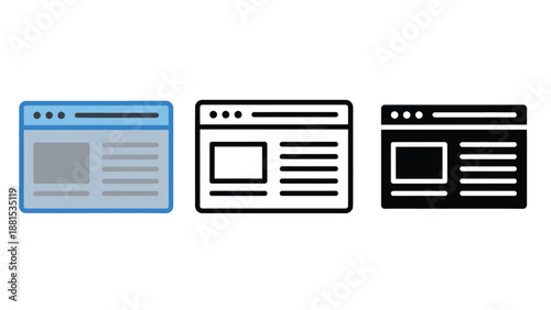Three simple web browser window icons in different colors on a white background