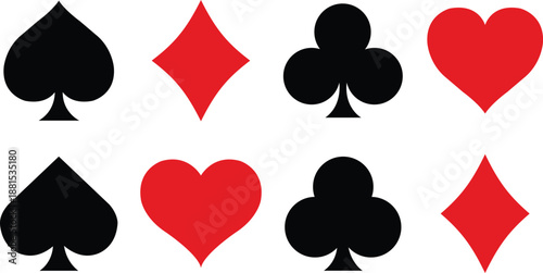 Heart, spade, club, and diamond. Modern geometric icons representing playing card suits. This is a vector set of card symbols.