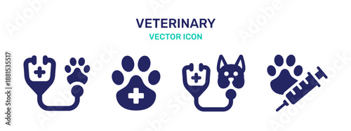 Veterinary icon set with stethoscope, paw, dog and syringe