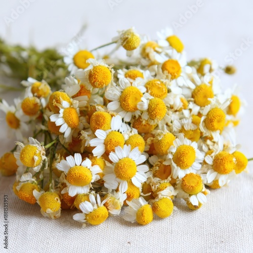 Beautiful bouquet of fresh daisies with yellow centers and white petals