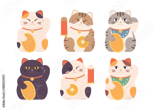 Japanese lucky Maneki neko cats set vector illustration