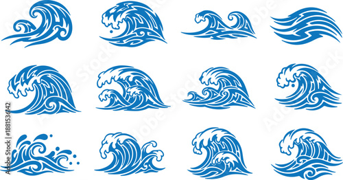 Stylized ocean wave with foam and splashes, dynamic sea motion, water power concept, coastal nature element, travel and adventure theme.