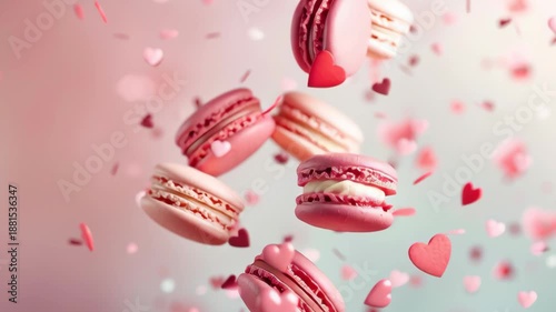 Delicious french macaroons with small heart decorations on a pastel background for valentine celebration