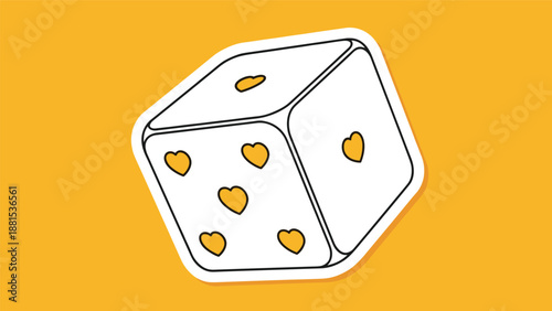 Playful illustration of a single white die featuring small yellow heart shapes instead of traditional dots.