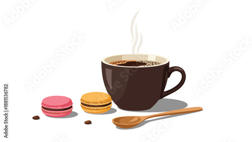 Steaming cup of dark coffee served with pink and yellow macarons and a wooden spoon on a clean white background.